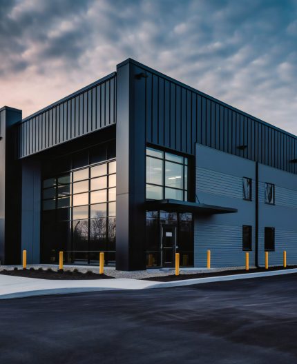 a large industrial building with an open door